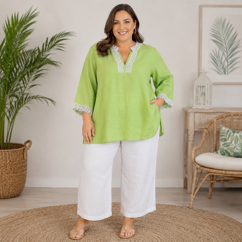 Lucy & Laurel Woman Plus Size 1X Lime Green 100% Linen Lace Trim Tunic Top